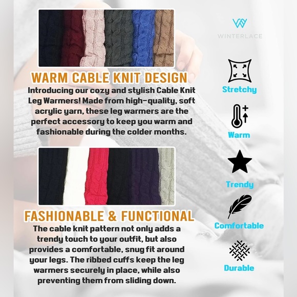 Leg Warmers for Women, 6 Pairs Knee High Cable Knit Warm Thermal Acrylic Sleeves - Picture 4 of 8